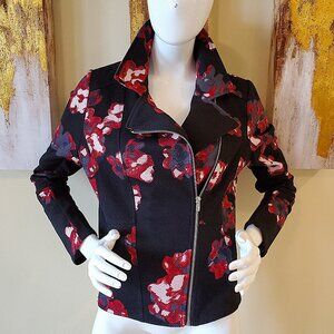 Black Rivet Black/Red Floral Zipper Front Asymmetrical Bomber Jacket SZ L